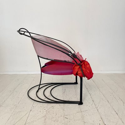 Postmodern Sculptural Armchair in Black Metal and Pink Red Silk Padding, 1980-FB-1432054