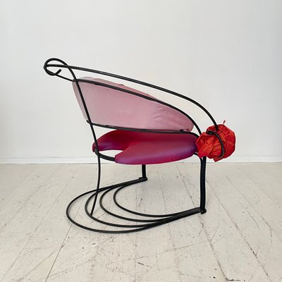 Postmodern Sculptural Armchair in Black Metal and Pink Red Silk Padding, 1980-FB-1432054