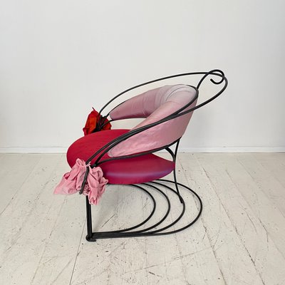 Postmodern Sculptural Armchair in Black Metal and Pink Red Silk Padding, 1980-FB-1432054