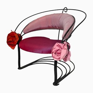 Postmodern Sculptural Armchair in Black Metal and Pink Red Silk Padding, 1980-FB-1432054