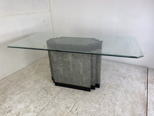 Postmodern Stone & Marble Dining Table with Brass Base and Glass Top, 1980s-DE-1311455