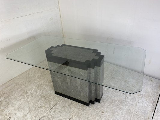 Postmodern Stone & Marble Dining Table with Brass Base and Glass Top, 1980s-DE-1311455