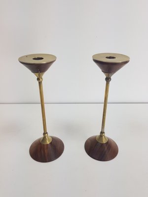 Postmodern Teak and Brass Candleholder, 1980s, Set of 2-AXJ-1393464