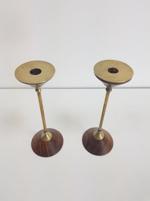 Postmodern Teak and Brass Candleholder, 1980s, Set of 2-AXJ-1393464