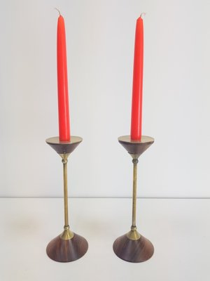 Postmodern Teak and Brass Candleholder, 1980s, Set of 2-AXJ-1393464