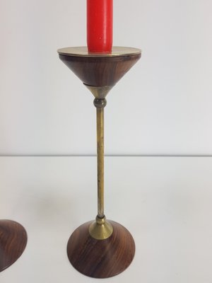 Postmodern Teak and Brass Candleholder, 1980s, Set of 2-AXJ-1393464