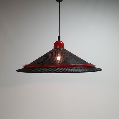 Postmodern Teak & Black and Red Steel Hanging Pendant, 1980s-RMX-1009325