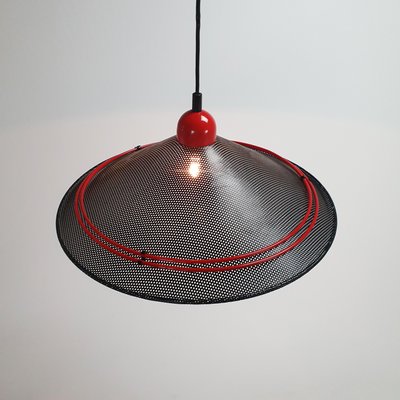 Postmodern Teak & Black and Red Steel Hanging Pendant, 1980s-RMX-1009325