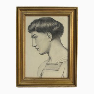 Profile Study, 20th Century, Charcoal Drawing, Framed-NE-1794676