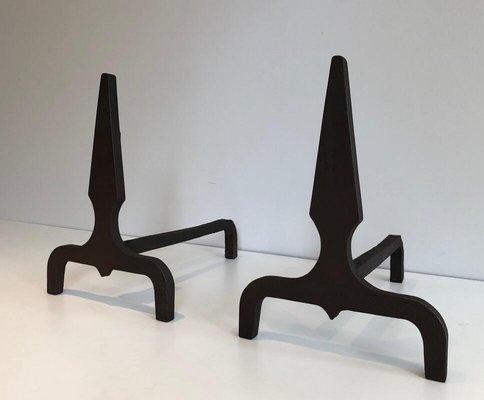 Pyramid Steel and Wrought Iron Andirons, France, 1940s, Set of 2-BA-874703