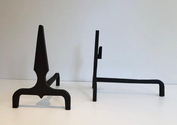 Pyramid Steel and Wrought Iron Andirons, France, 1940s, Set of 2-BA-874703