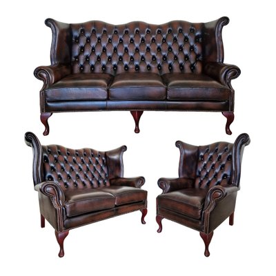 Queen Anne Dark Brown Chesterfield Living Room Set, Set of 3-ITF-1821968