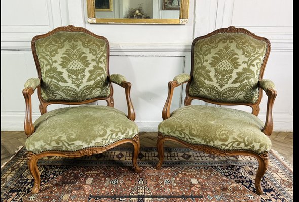 Queen Louis XV French Cabriolet Armchairs in Green Velvet Upholstery, 1860s, Set of 2-BXG-1700538