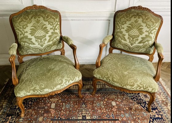 Queen Louis XV French Cabriolet Armchairs in Green Velvet Upholstery, 1860s, Set of 2-BXG-1700538