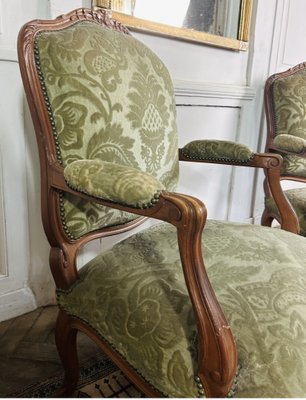 Queen Louis XV French Cabriolet Armchairs in Green Velvet Upholstery, 1860s, Set of 2-BXG-1700538