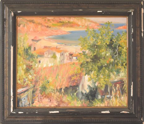 R Saralid, Impressionist Seaside Landscape with Village, Mid-20th Century, Oil on Canvas-AOI-1106781