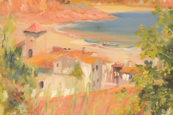 R Saralid, Impressionist Seaside Landscape with Village, Mid-20th Century, Oil on Canvas-AOI-1106781