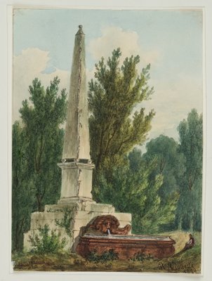 R. Viollette, Fountain with Obelisk in Park, 1829, Watercolor-OJR-1273278