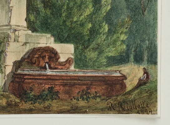 R. Viollette, Fountain with Obelisk in Park, 1829, Watercolor-OJR-1273278