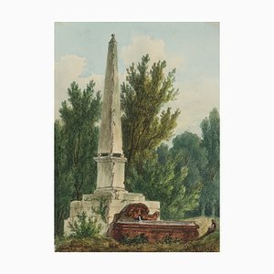 R. Viollette, Fountain with Obelisk in Park, 1829, Watercolor-OJR-1273278