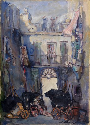 Raffaele Barscigliè, Naples Street Scene with Carriages, 1950s, Oil on Canvas-VHF-2018404