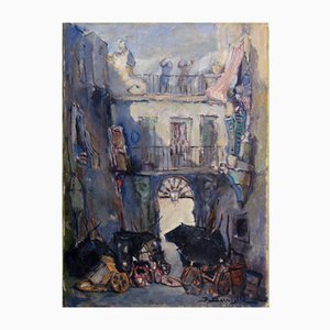 Raffaele Barscigliè, Naples Street Scene with Carriages, 1950s, Oil on Canvas-VHF-2018404