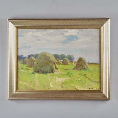 Raimonds Auniņš, Haystacks, 20th-Century, Oil on Canvas-WMV-1126939