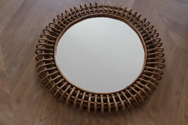 Rattan and Bamboo Round Wall Mirror by Franco Albini, 1960s-YF-1727653