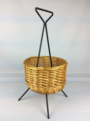 Rattan and Black Metal Magazine Rack, 1960s-YBU-777827