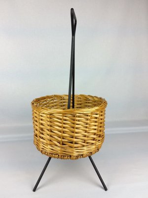 Rattan and Black Metal Magazine Rack, 1960s-YBU-777827