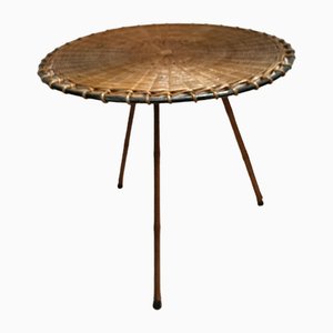 Rattan and Leather Side Table by Jacques Adnet, 1950s-VRR-1786723