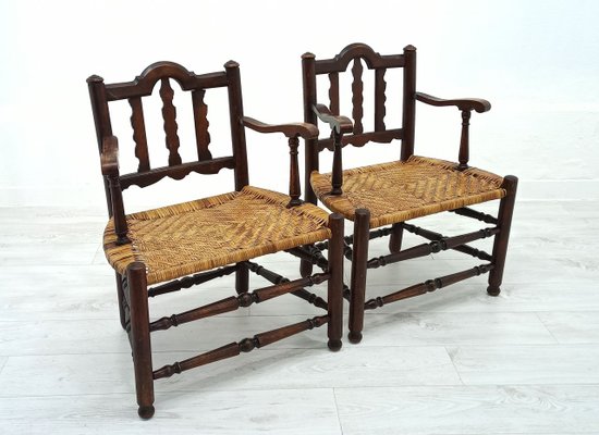 Rattan and Wood Armchairs, 1980s, Set of 2-WVA-1168091