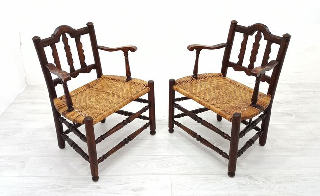 Rattan and Wood Armchairs, 1980s, Set of 2-WVA-1168091