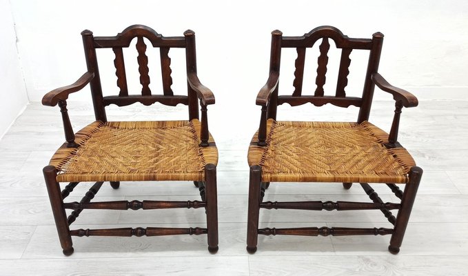 Rattan and Wood Armchairs, 1980s, Set of 2-WVA-1168091