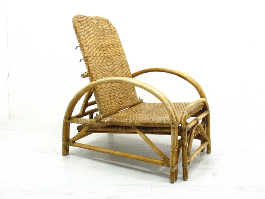 Rattan Armchair with Pull-Out Pouf, 1970s-WVA-1755053