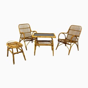 Rattan Armchairs, Table and Stool, 1960s, Set of 4-WVS-1320667