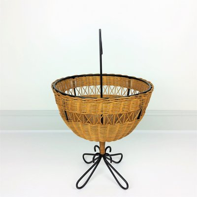 Rattan Basket on Black Metal Stand, 1950s-YBU-743644