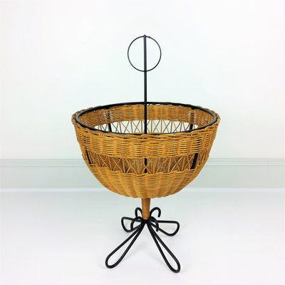 Rattan Basket on Black Metal Stand, 1950s-YBU-743644