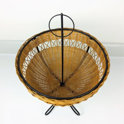 Rattan Basket on Black Metal Stand, 1950s-YBU-743644