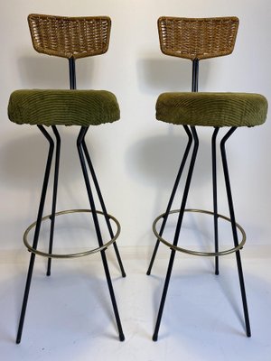 Rattan & Brass Bar Stools by Herta Maria Witzemann for Hugo Müller, 1950s, Set of 2-HKY-1767055