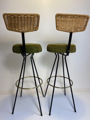 Rattan & Brass Bar Stools by Herta Maria Witzemann for Hugo Müller, 1950s, Set of 2-HKY-1767055