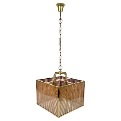 Rattan, Brass & Glass Pendant Light, Italy, 1970s-LYQ-1333944