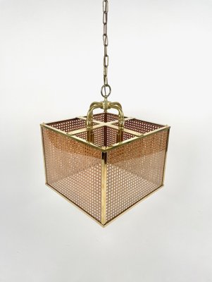 Rattan, Brass & Glass Pendant Light, Italy, 1970s-LYQ-1333944