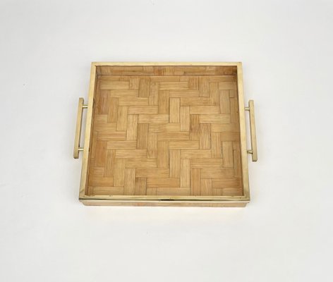 Rattan & Brass Serving Tray by Tommaso Barbi, Italy, 1970s-LYQ-1171238