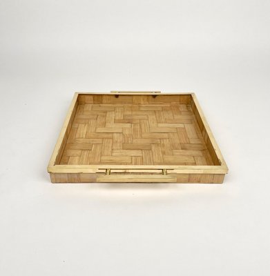 Rattan & Brass Serving Tray by Tommaso Barbi, Italy, 1970s-LYQ-1171238