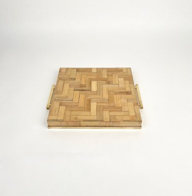 Rattan & Brass Serving Tray by Tommaso Barbi, Italy, 1970s-LYQ-1171238