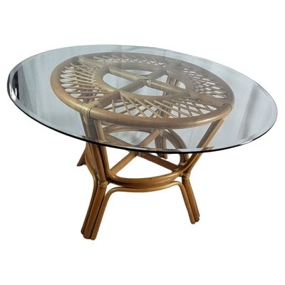 Rattan Dining Table with Clear Glass Tray, 1970s-QCI-1735824