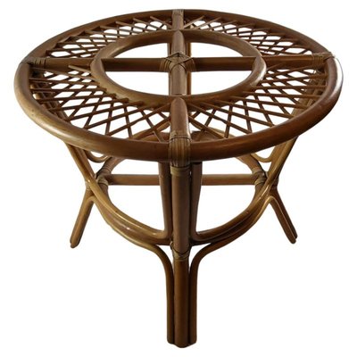 Rattan Dining Table with Clear Glass Tray, 1970s-QCI-1735824