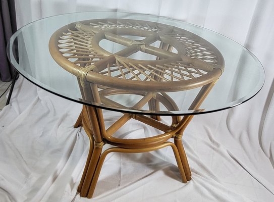 Rattan Dining Table with Clear Glass Tray, 1970s-QCI-1735824