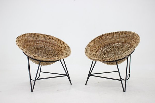 Rattan Woven Basket Chair with Hairpin Legs, 1960s, Set of 2-TZ-1313407